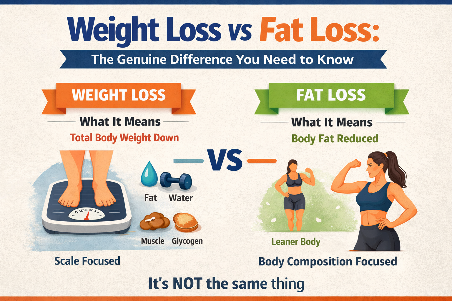 Weight loss vs fat loss comparison showing scale, body measurements, and healthy body composition concept
