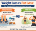 Weight loss vs fat loss comparison showing scale, body measurements, and healthy body composition concept